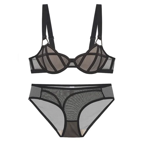 2025 Wholesale Mesh Gathering Ladies Breathable for Women Soft Bra Breathable Ultra-Thin Set Sexy Underwear Lingerie