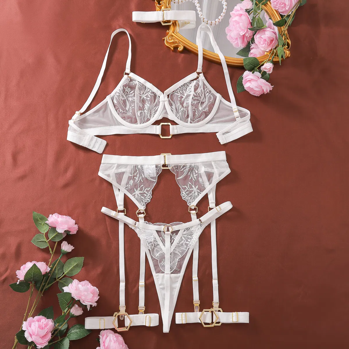 New Arrival See-Through Embroidered Garter Belt Bra Set Sexy Ultral-Thin Women's Lingerie