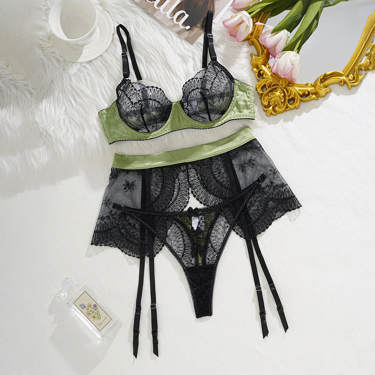 Sexy Women Contrast Color Splicing Bra Set New Mesh Perspective Lingerie