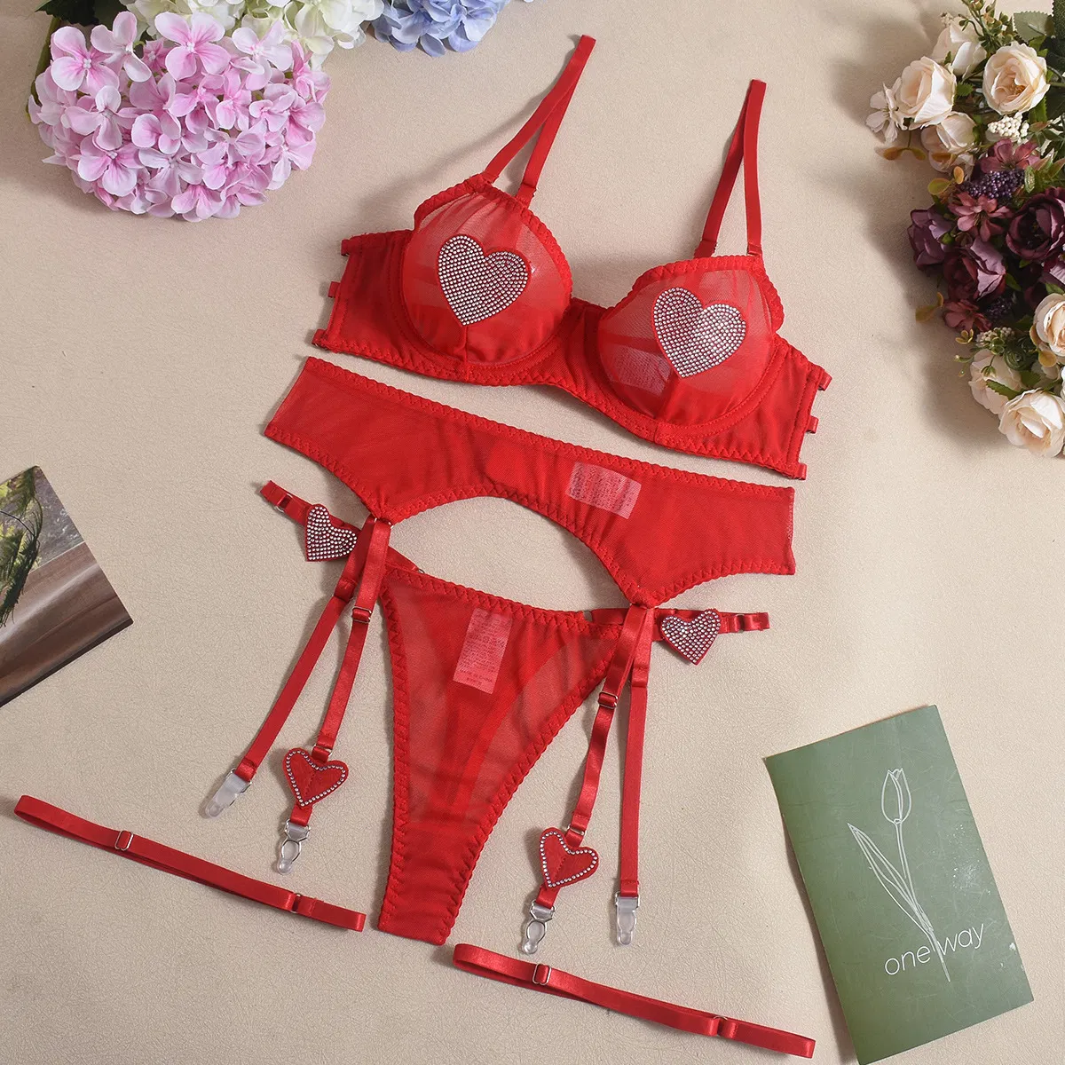 Wholesale Mesh See-Through Underwear Set for Woman Sexy Heart Shaped Rhinestone Lingerie