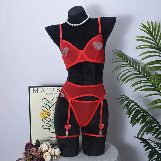 Wholesale Mesh See-Through Underwear Set for Woman Sexy Heart Shaped Rhinestone Lingerie