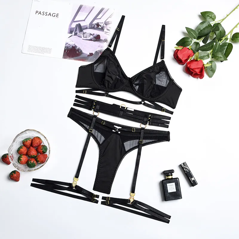 Wholesale Erotic Garters Belt Underwear Set for Women Hot Patchwork Bondage Mesh Lingerie