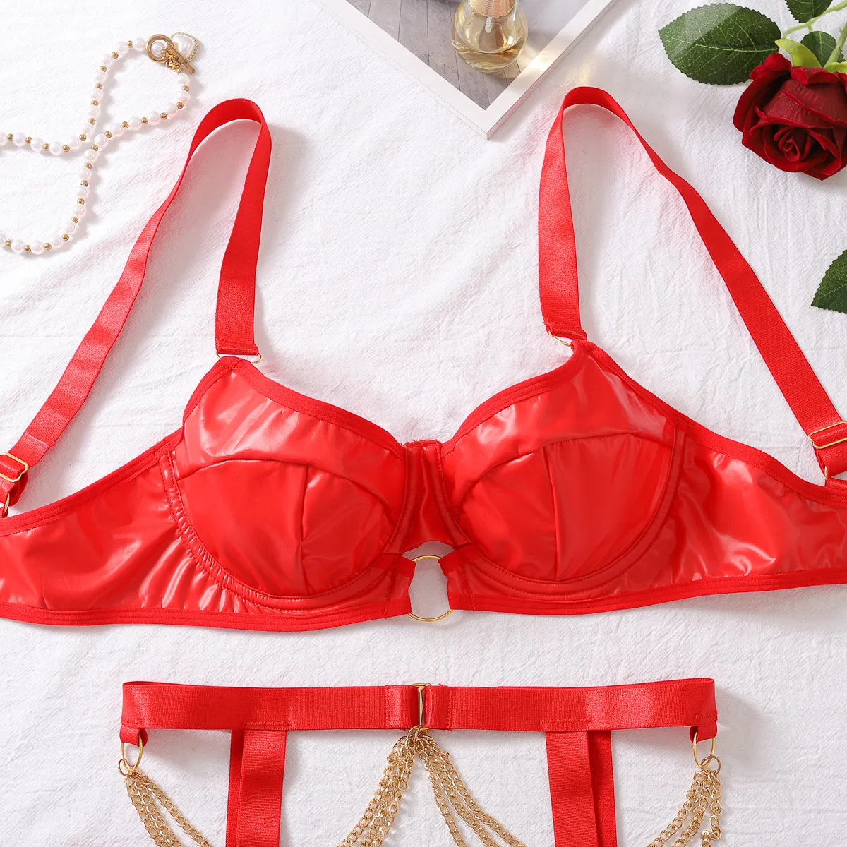 Hot PU Metal Chain Bra Panty Sets Wholesale Sexy Solid Color Woman Lingerie
