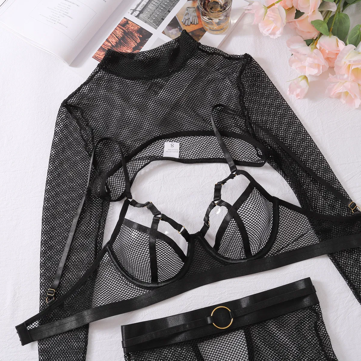 Sexy High Quality Perspective Mesh Underwear Set Wholesale Solid Color Women Lingerie