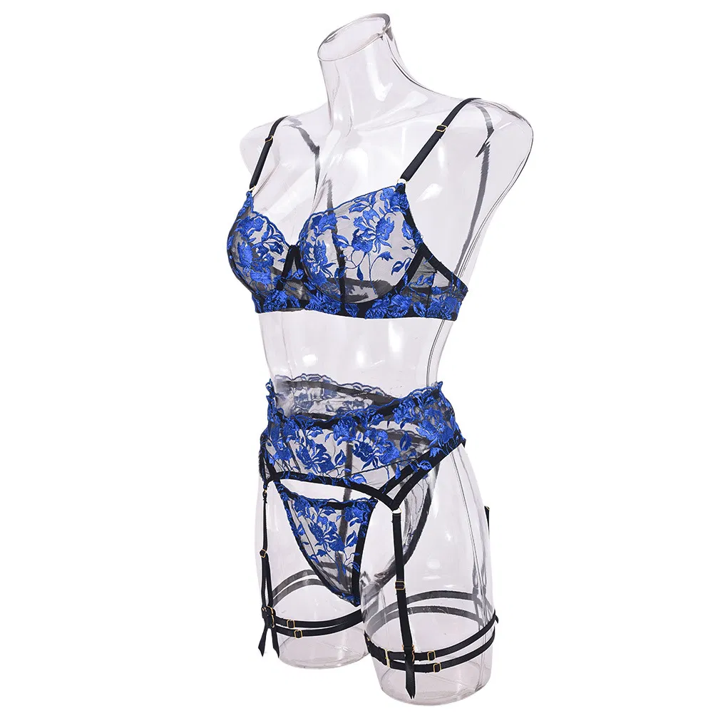 Wholesale Flower Embroidery Lace Woman Underwear Set Sexy Transparent Ultral-Thin Lingerie