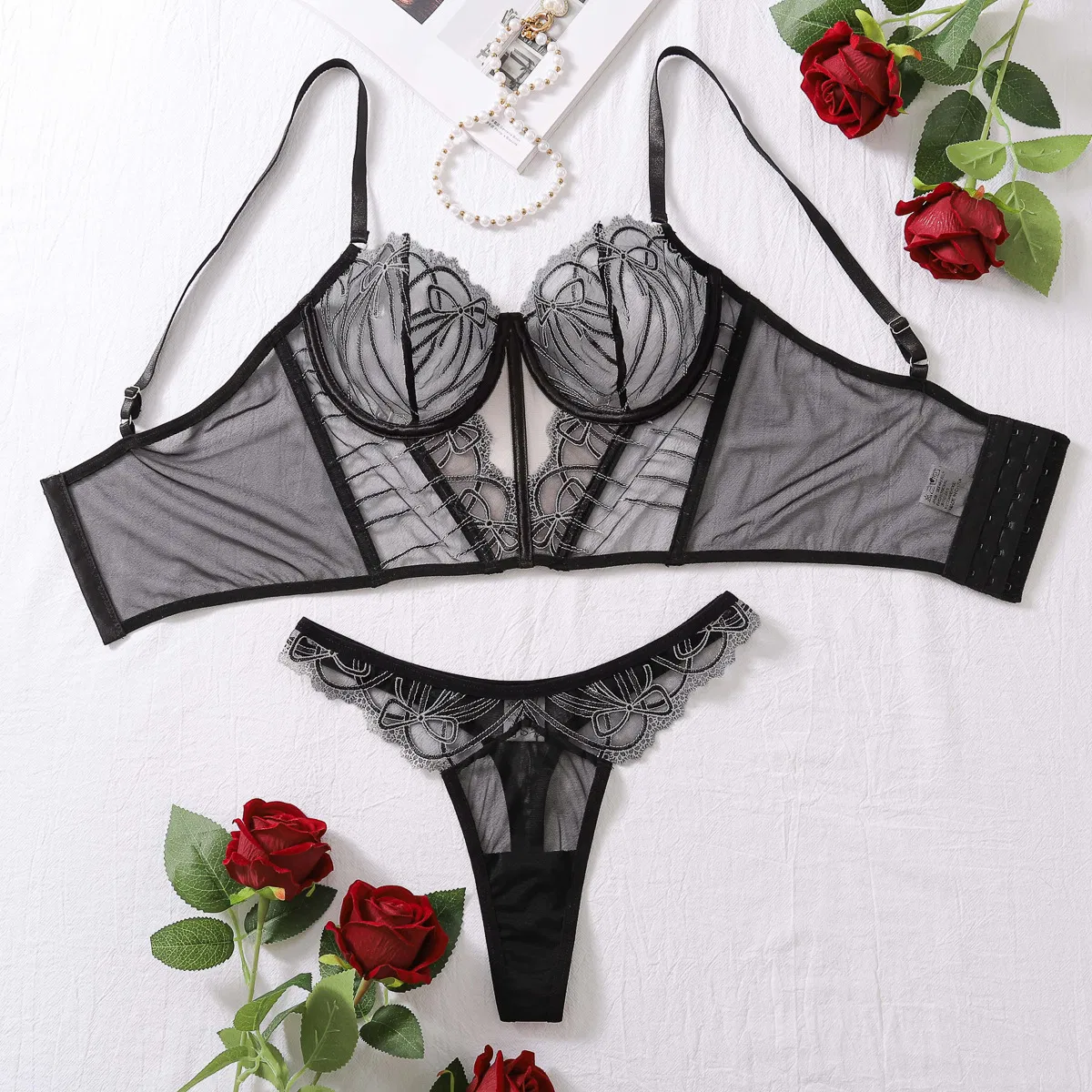 Wholesale New Fishbone Ultra-Thin Bra Panty Sets Sexy Embroidery See-Through Lingerie