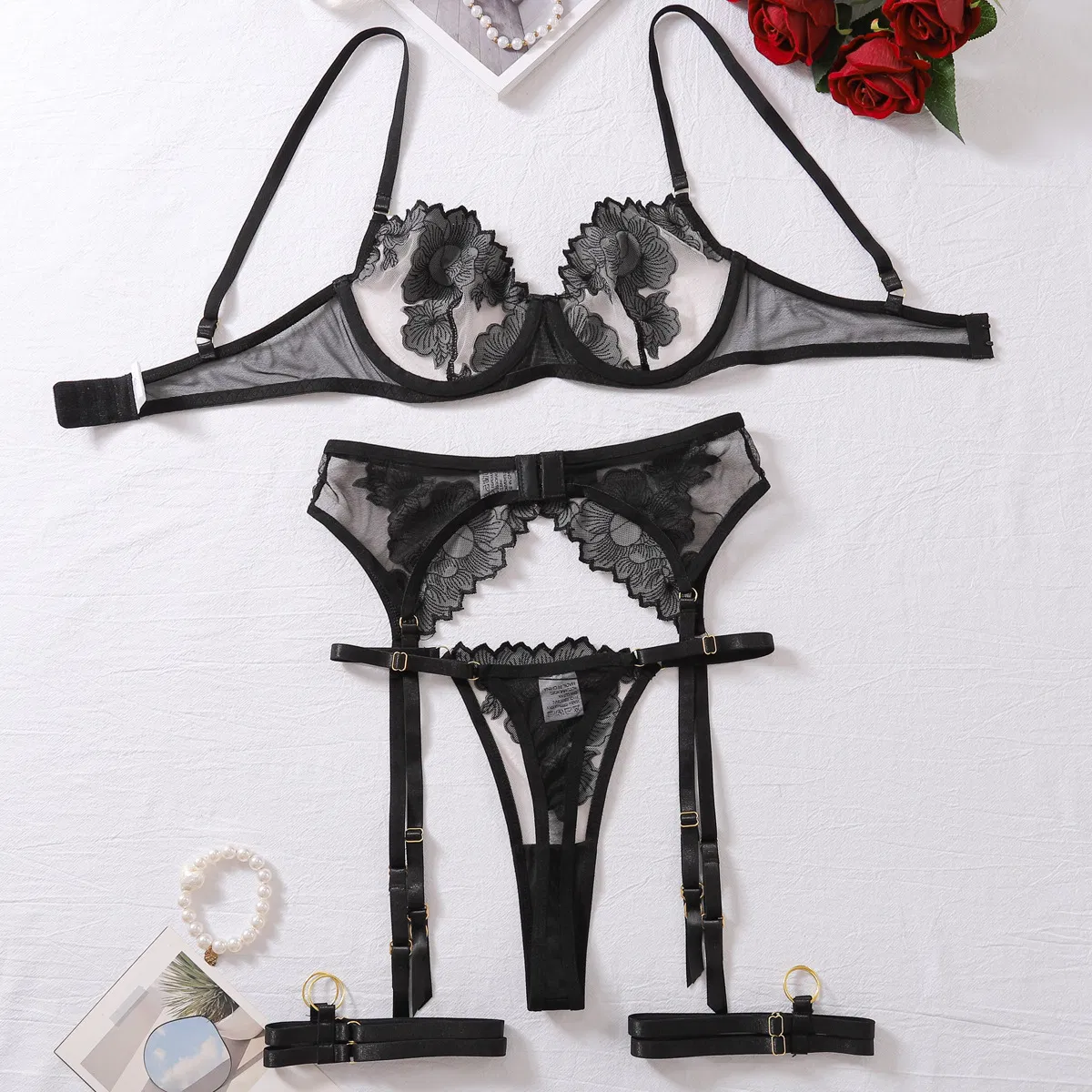 Wholesale Floral Embroidery Lace Underwear Set Sexy See-Through Woman Newest Lingerie