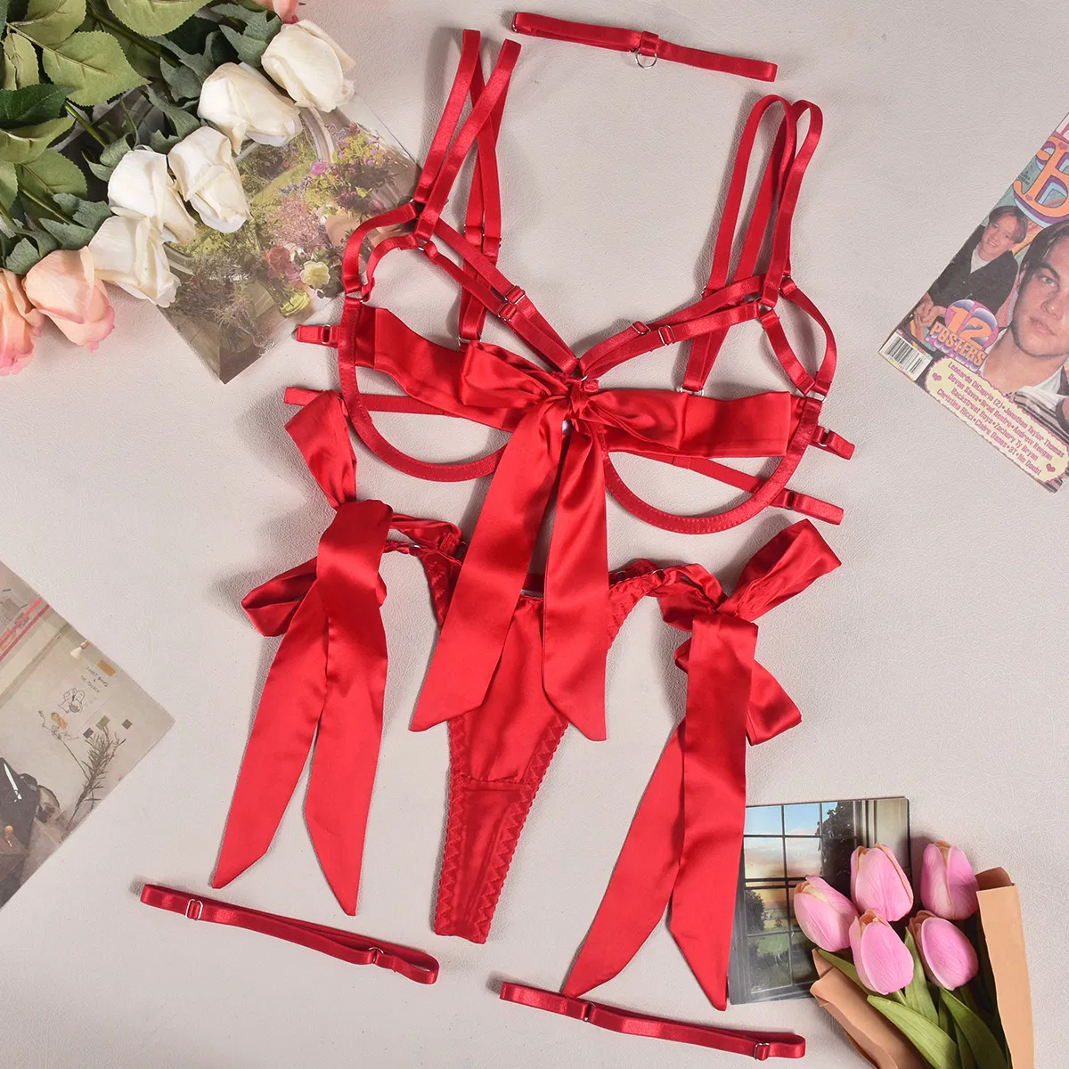 Wholesale Hollow out Woman Underwear Set Sexy Satin Bow Nipple Lingerie