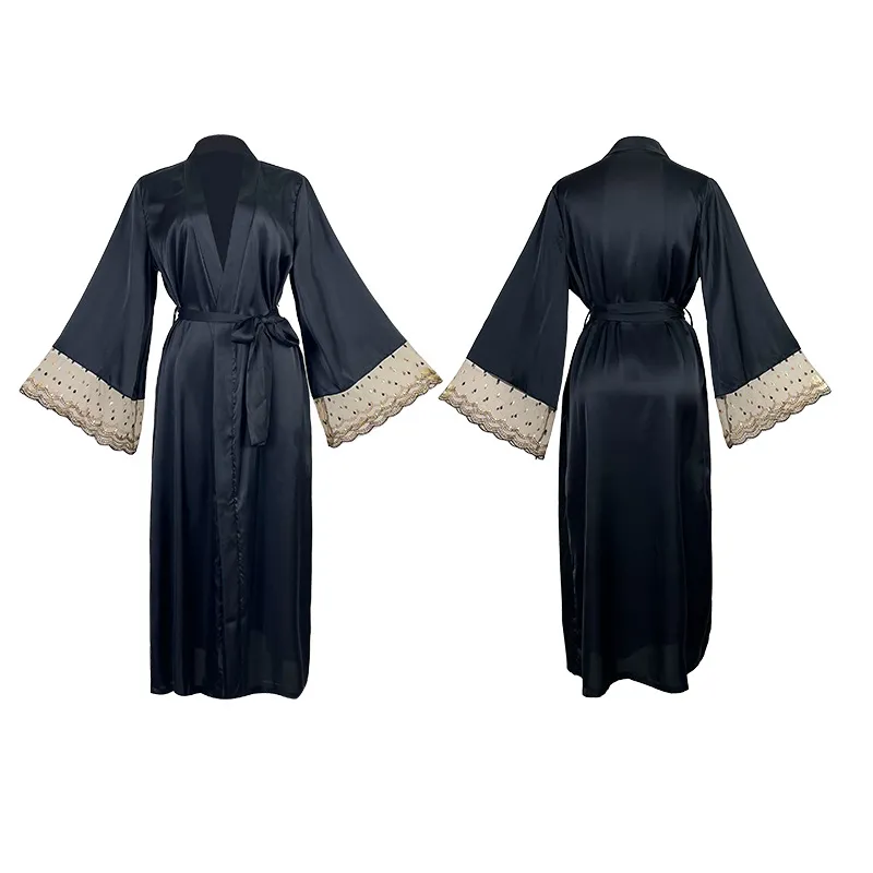 Sexy Satin Transparent Lace Woman Sleepwear Wholesale Long Sleeved Nightwear