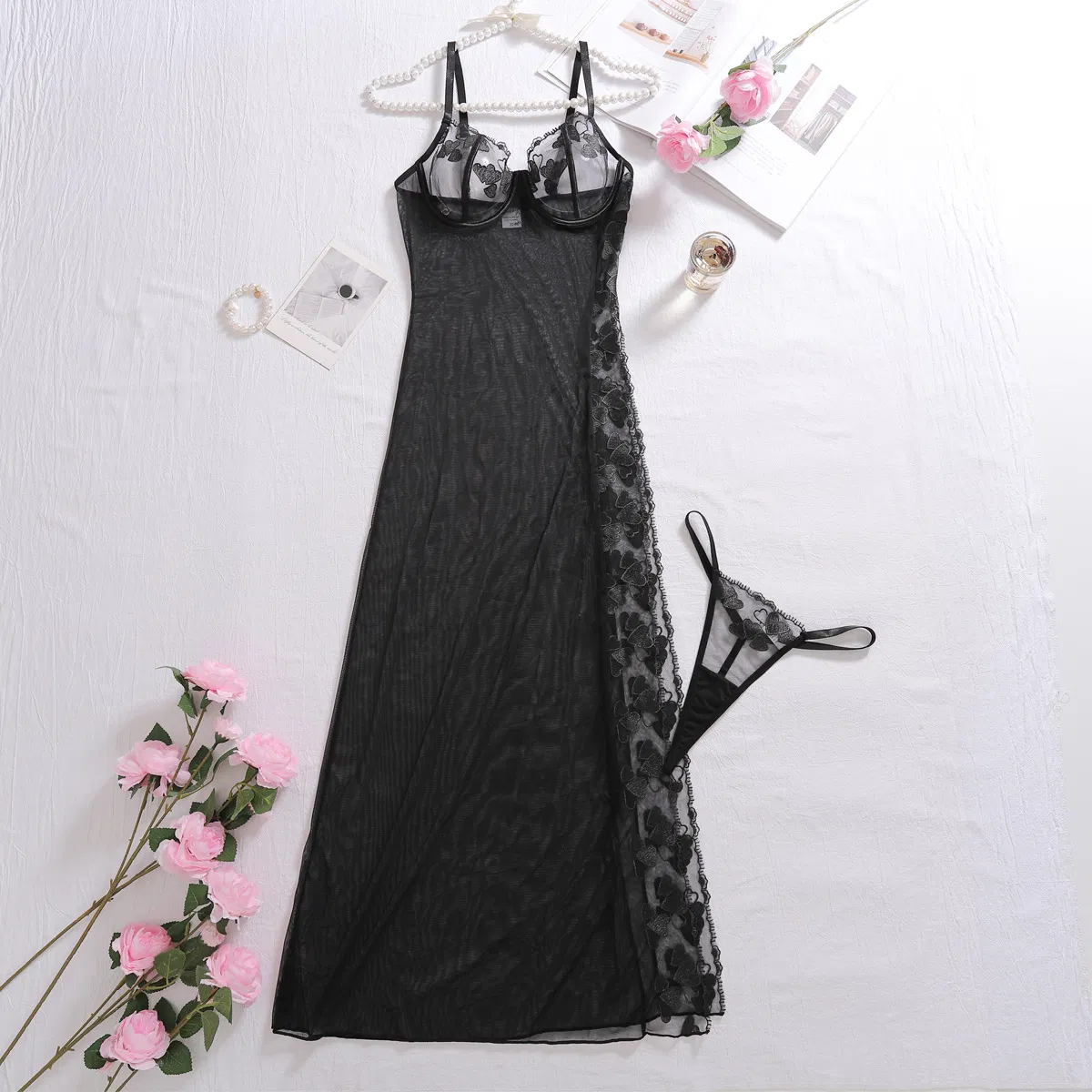 Sexy Embroidery See-Through Mesh Bra Panty Sets New Erotic Long Dress Woman Lingerie
