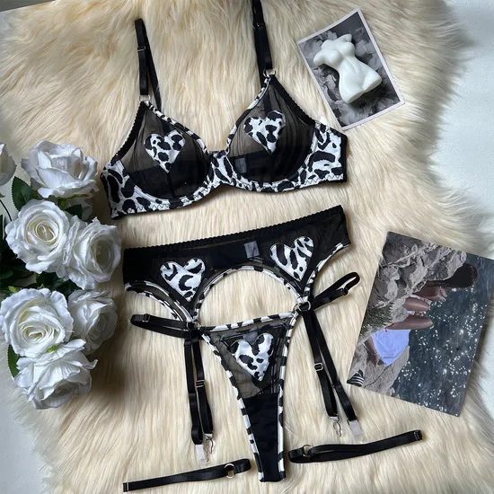 Wholesale Leopard Print Underwear Set Sexy Mesh See Through Women Lingerie