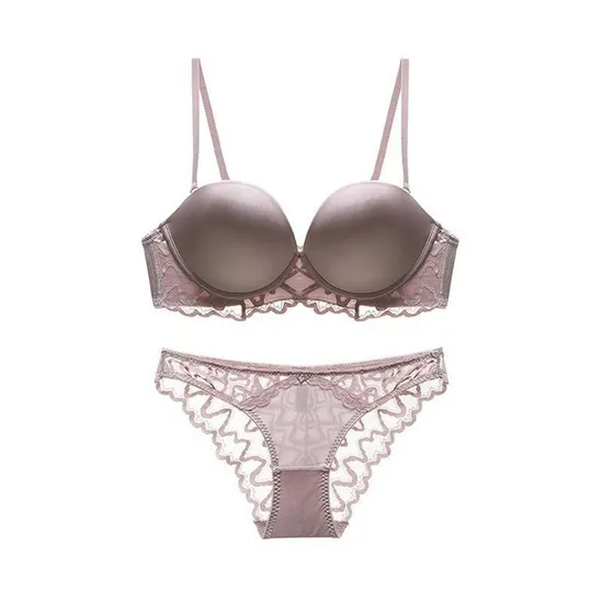 French Ladies Smooth U-Shaped Lace Trim Sexy Breathable Gathering for Women Soft Bra Ultra-Thin Set Sexy Underwear Lingerie
