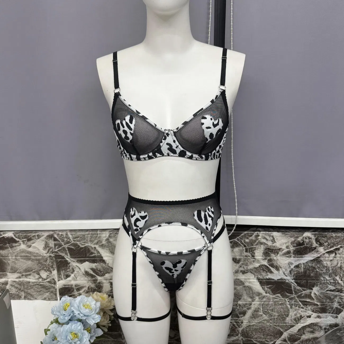 Wholesale Leopard Print Underwear Set Sexy Mesh See Through Women Lingerie