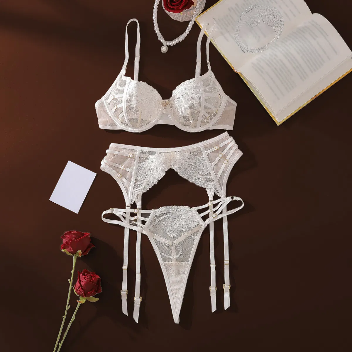 New Arrival Rose Embroidery Underwear Set Wholesale See-Through Woman Lingerie
