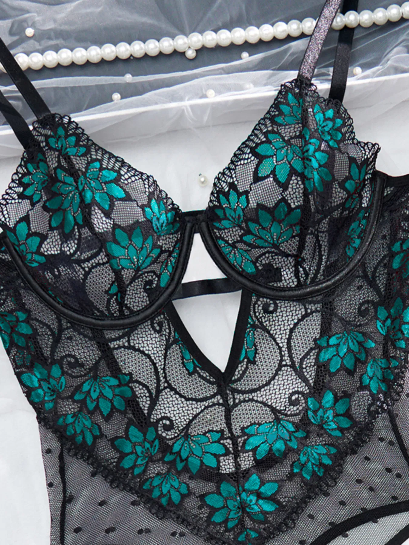 Sexy Floral Embroidery Women's Lingerie Set Hot Luxury Polka DOT Mesh Bodysuit