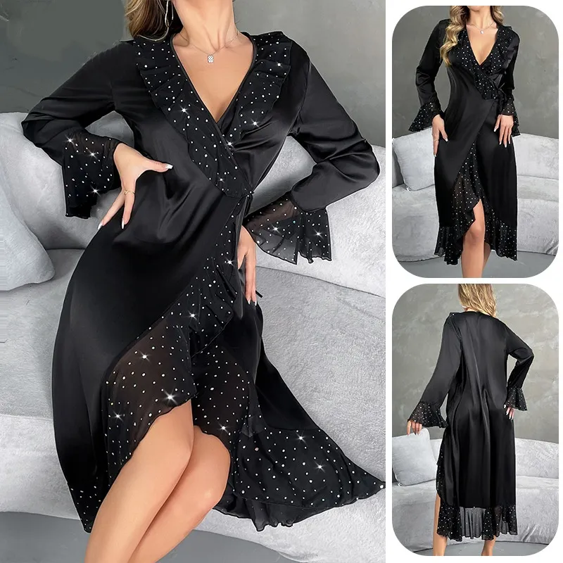 Wholesale Satin V-Neck Long-Sleeved Sleepwear Sexy Ruffled Hem Woman Robe