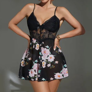 Sexy V-Neck Woman Sleepwear Dress Wholesale Flower Print Ultral-Thin Woman Nightwear