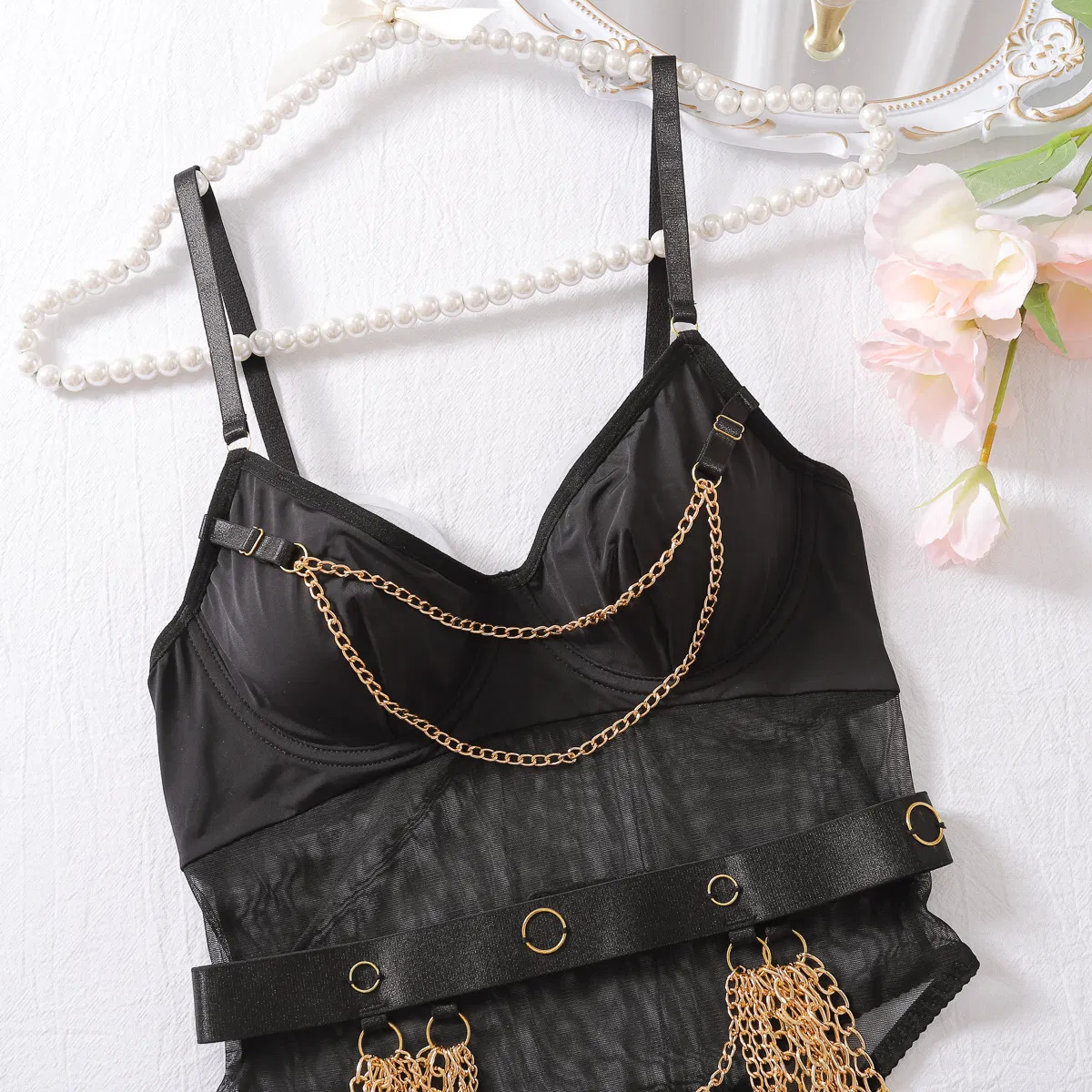 Sexy See-Through Mesh Splicing Women's Lingerie Set New Metal Chain Bodysuit