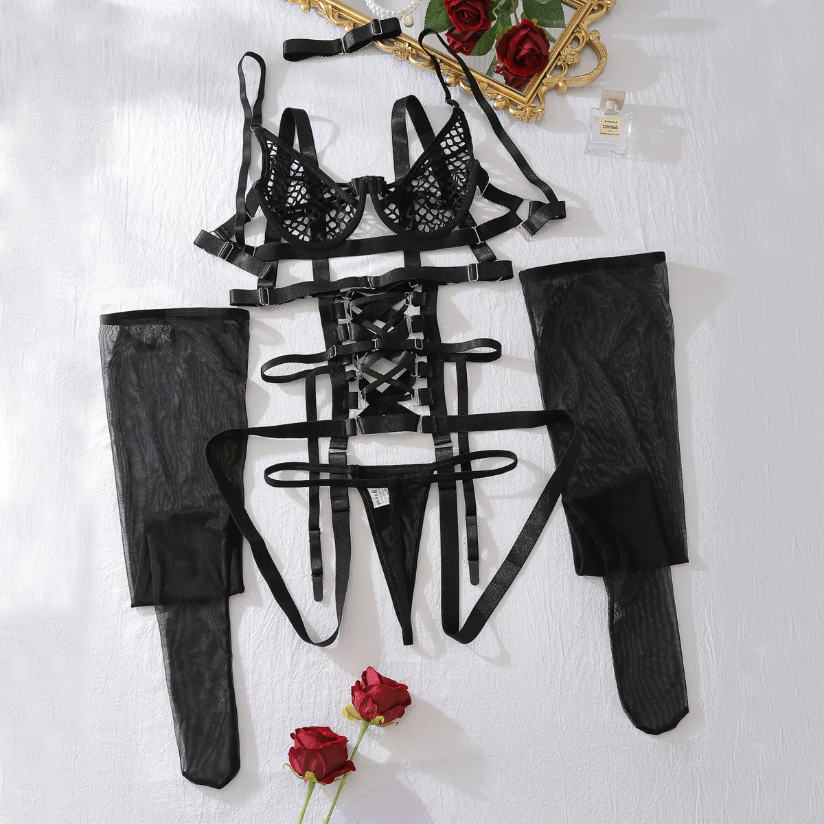 Wholesale Erotic Straps Underwear Set for Woman Sexy Deep V Transparent Lingerie
