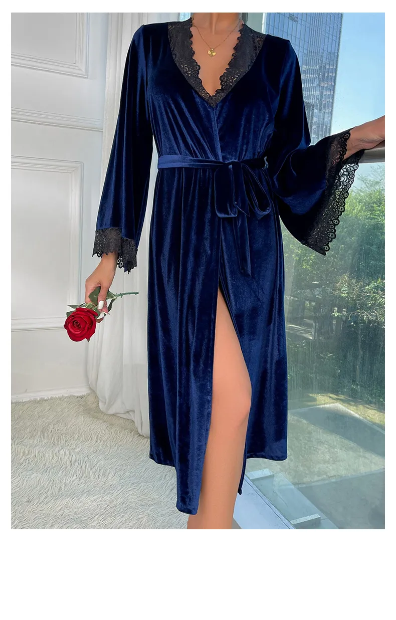 New V-Neck Long Velvet Nightwear Dress Sexy Solid Color with Lace Woman Sleepwear