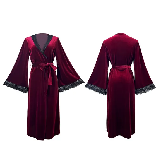New V-Neck Long Velvet Nightwear Dress Sexy Solid Color with Lace Woman Sleepwear