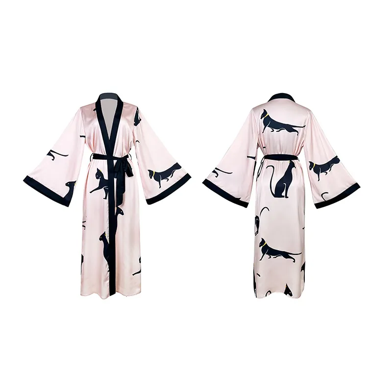 New Arrival Satin Printed Leopard V-Neck Sleepwear Sexy Long Sleeve Woman Robe