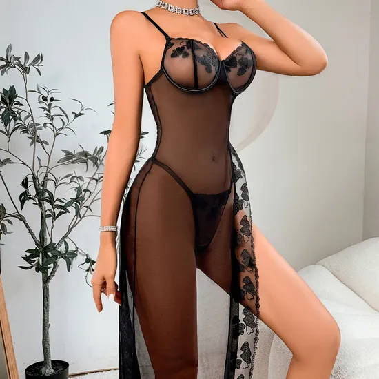 Sexy Embroidery See-Through Mesh Bra Panty Sets New Erotic Long Dress Woman Lingerie