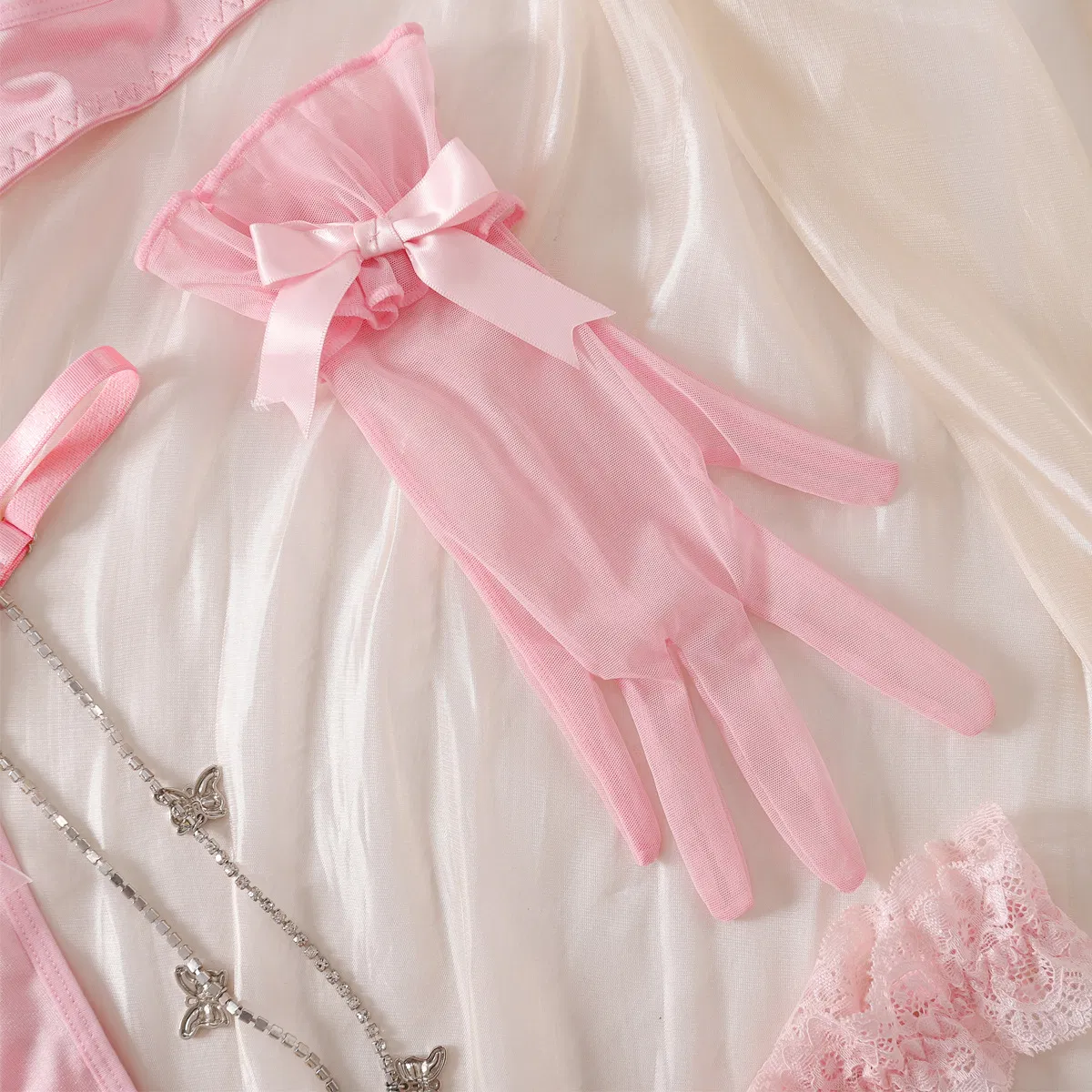 Wholesale See-Through Underwear Set with Gloves Sexy Bow Tie Woman Lingerie