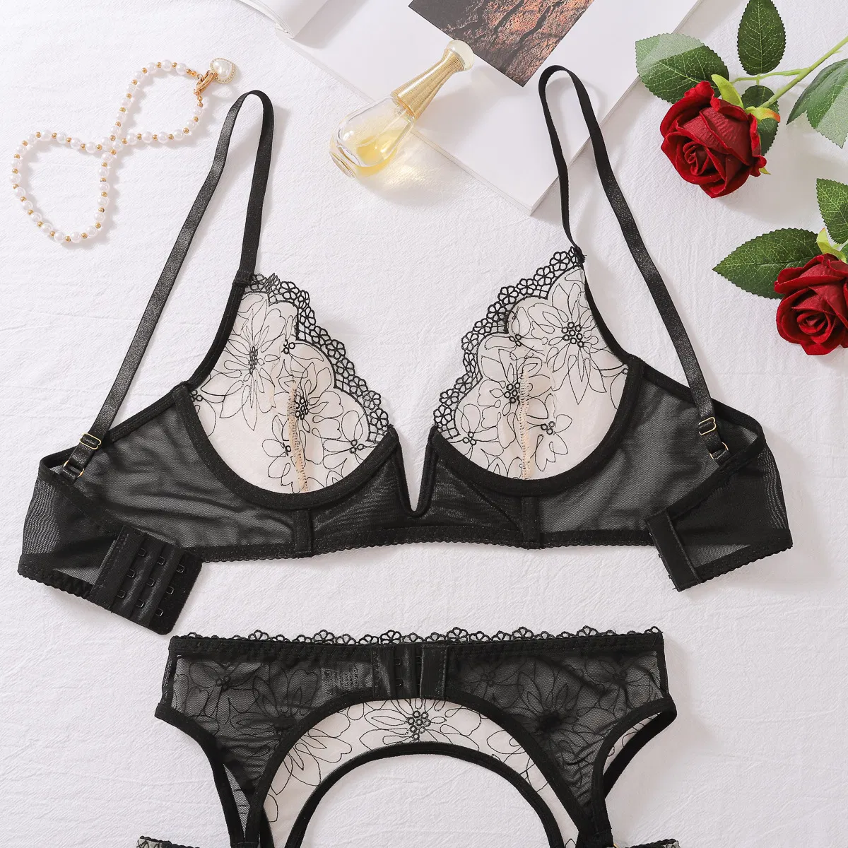 Sexy See-Through Mesh Bra Panty Set New Wholesale Deep V Women Lingerie