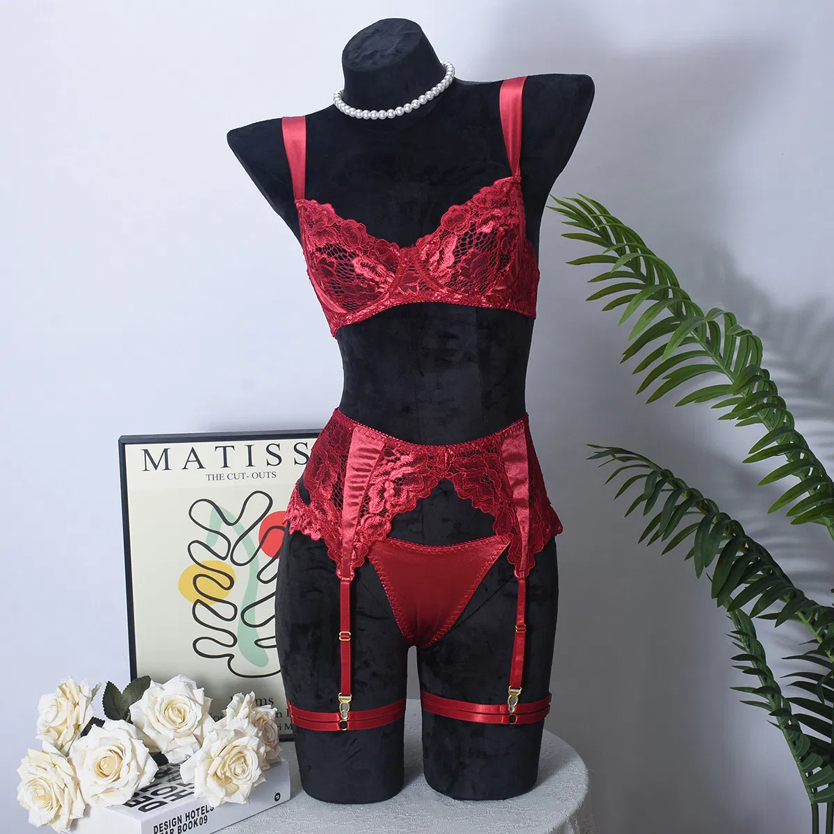 Wholesale Satin See-Through Underwear Set for Woman Sexy Embroidered Lace Lingerie