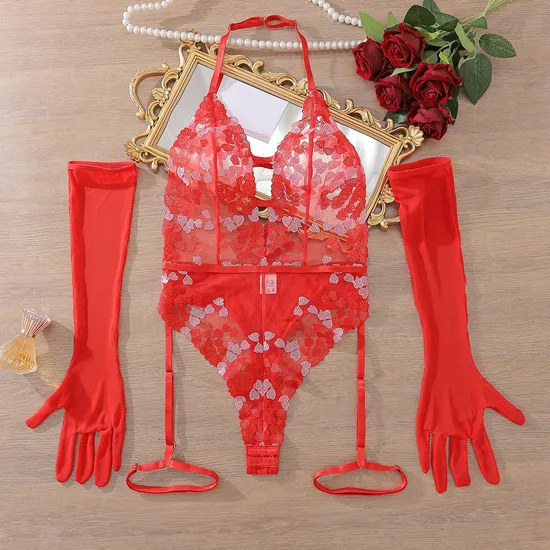 Sexy Deep-V Open Crotch Flower Embroidered Lingerie Hot Halter Neck Women Bodysuit