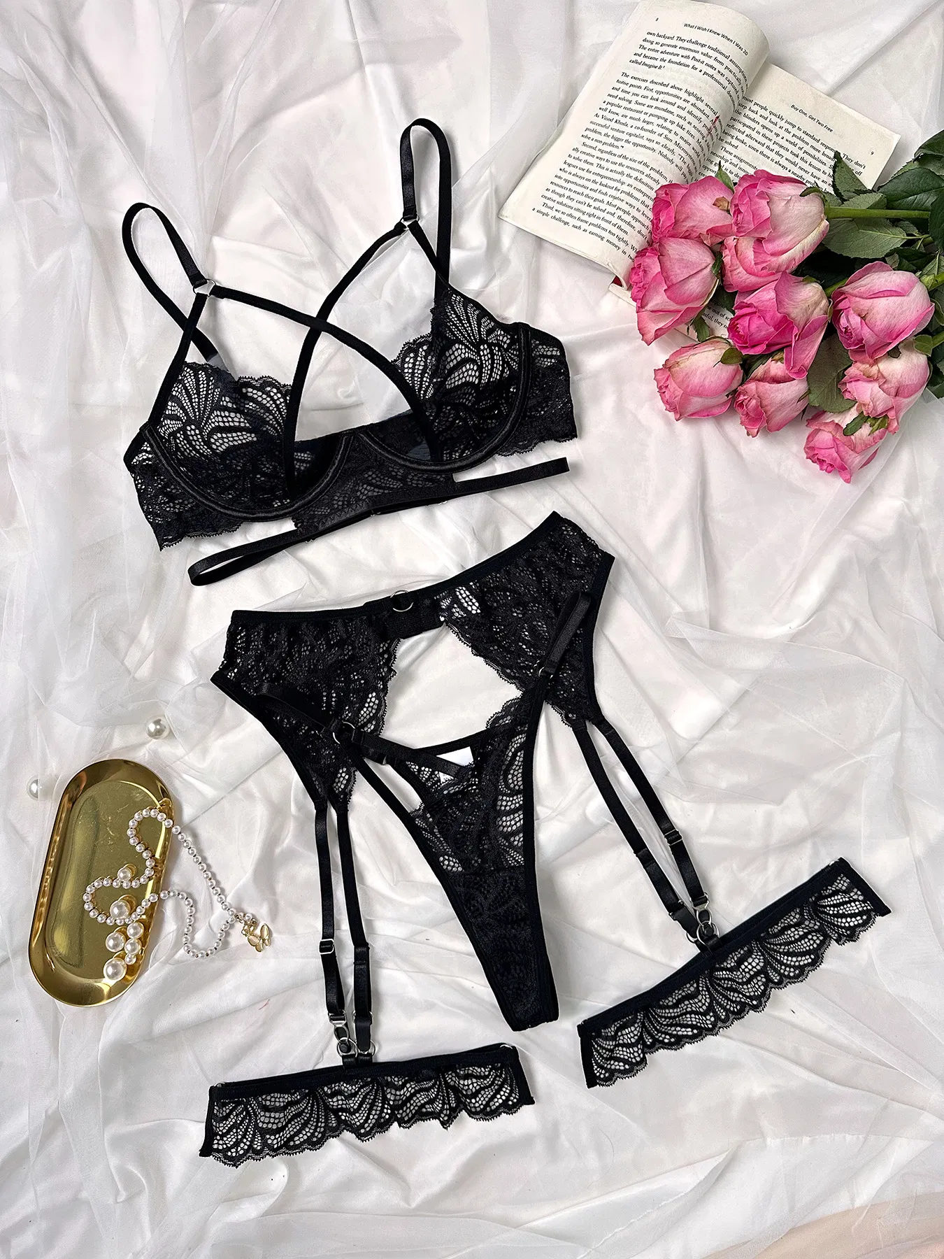 Wholesale Embroidery Lace Underwear Set Sexy Suspenders Cross Hollow out Lingerie