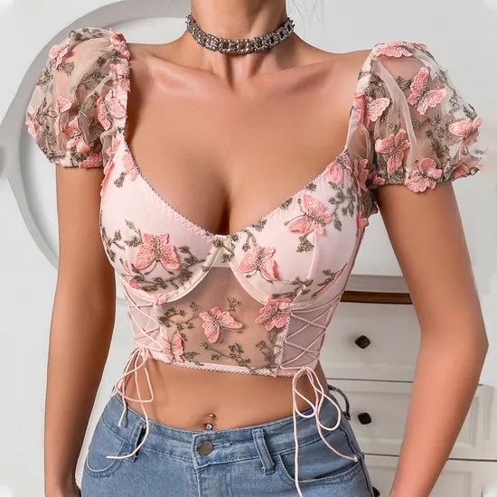 Sexy Perspective Floral Embroidery Bra Panty Sets Wholesale Bubble Sleeve Top Lingerie