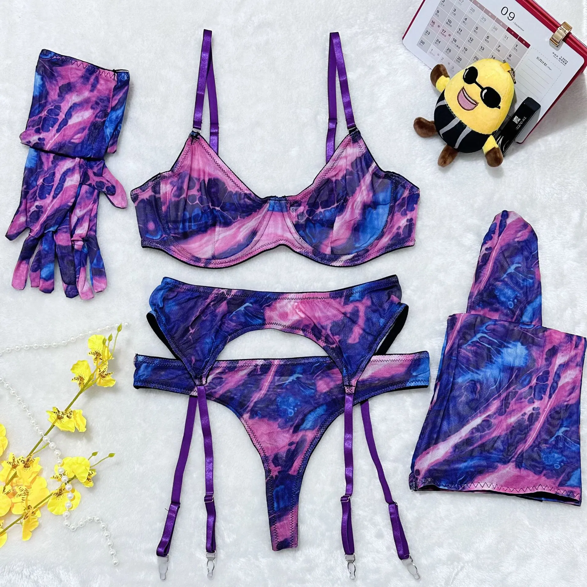 Wholesale Long Sleeve Underwear Set with Glove and Stocking Sexy Tie Dye Woman Lingerie