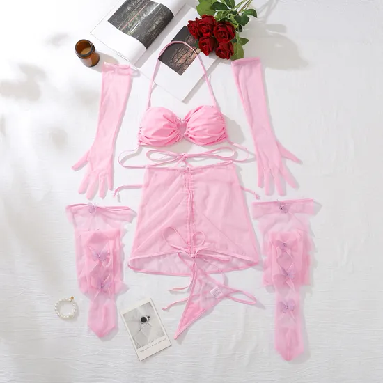 Sexy Transparent Mesh Hanging Neck Underwear Set Wholesale Hollow out Bow Stockings Lingerie