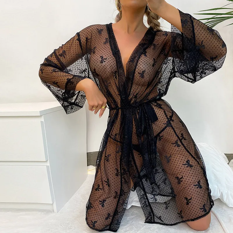 Wholesale See-Through Mesh Long-Sleeve Sleepwear Sexy Bowknot Lace Printing Women's Robe