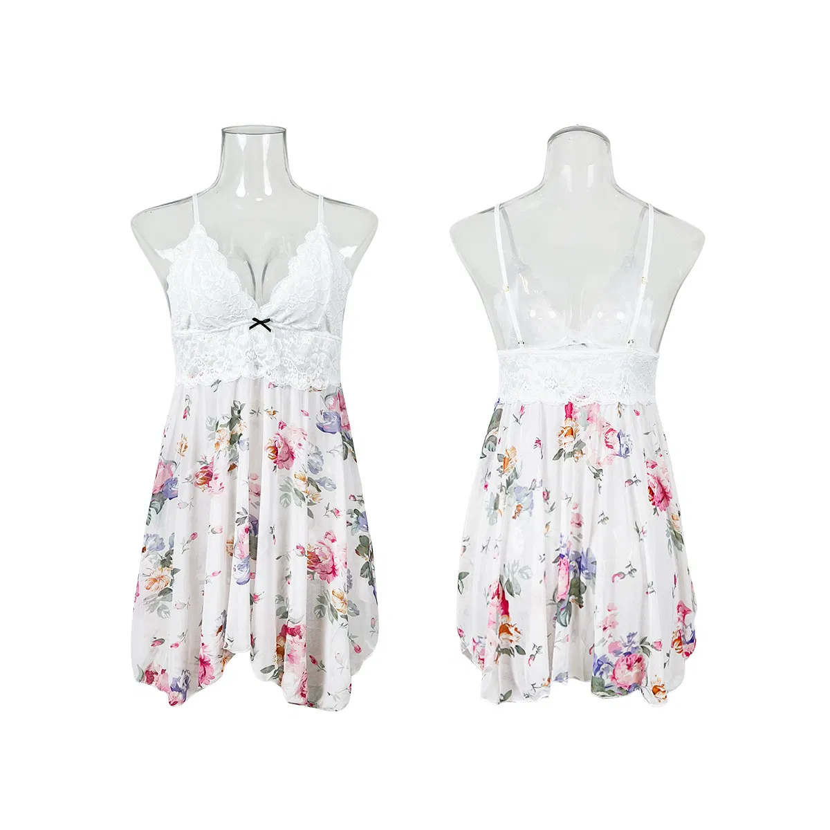 New Arrival V-Neck Transparent Mesh Sleepwear Dress Sexy Patchwork Lace Suspender Nightwear