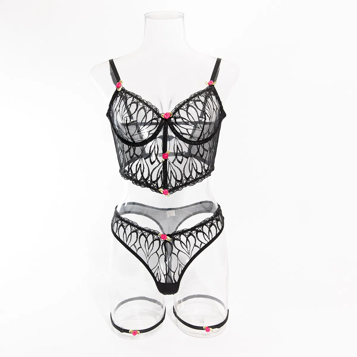 New Arrival Fishbone See-Through Mesh Underwear Set Sexy Embroidery Flower Woman Lingerie