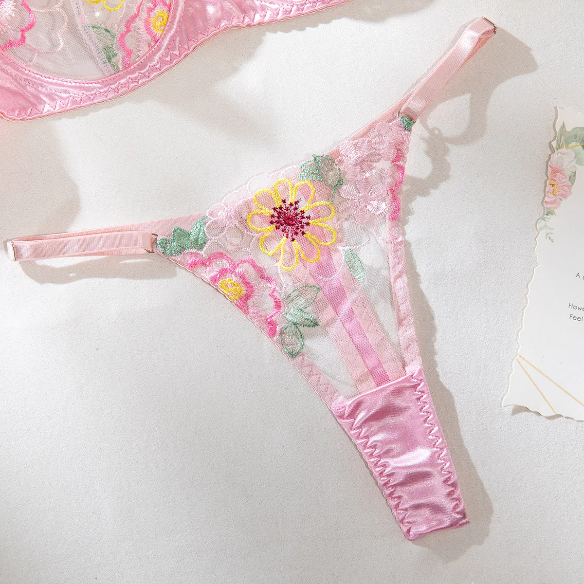 Sexy Floral Embroidery Woman Bra Set Wholesale Transparent Thin Satin Two-Piece Lingerie