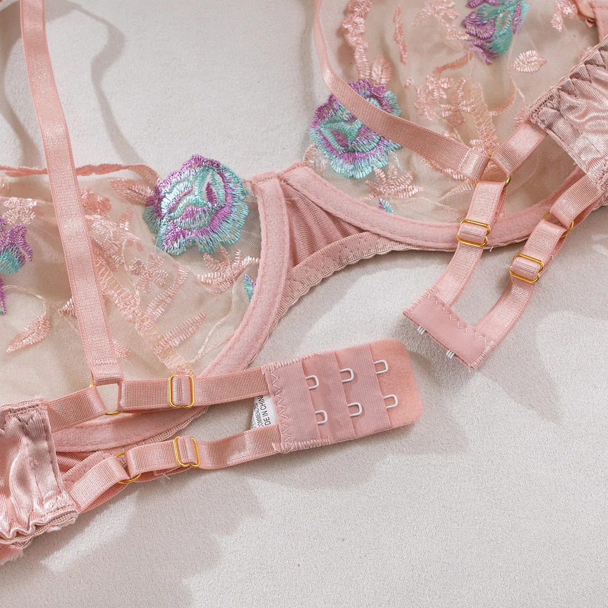 Wholesale Flower Embroidery Underwear Set for Woman Sexy Perspective Satin Lingerie