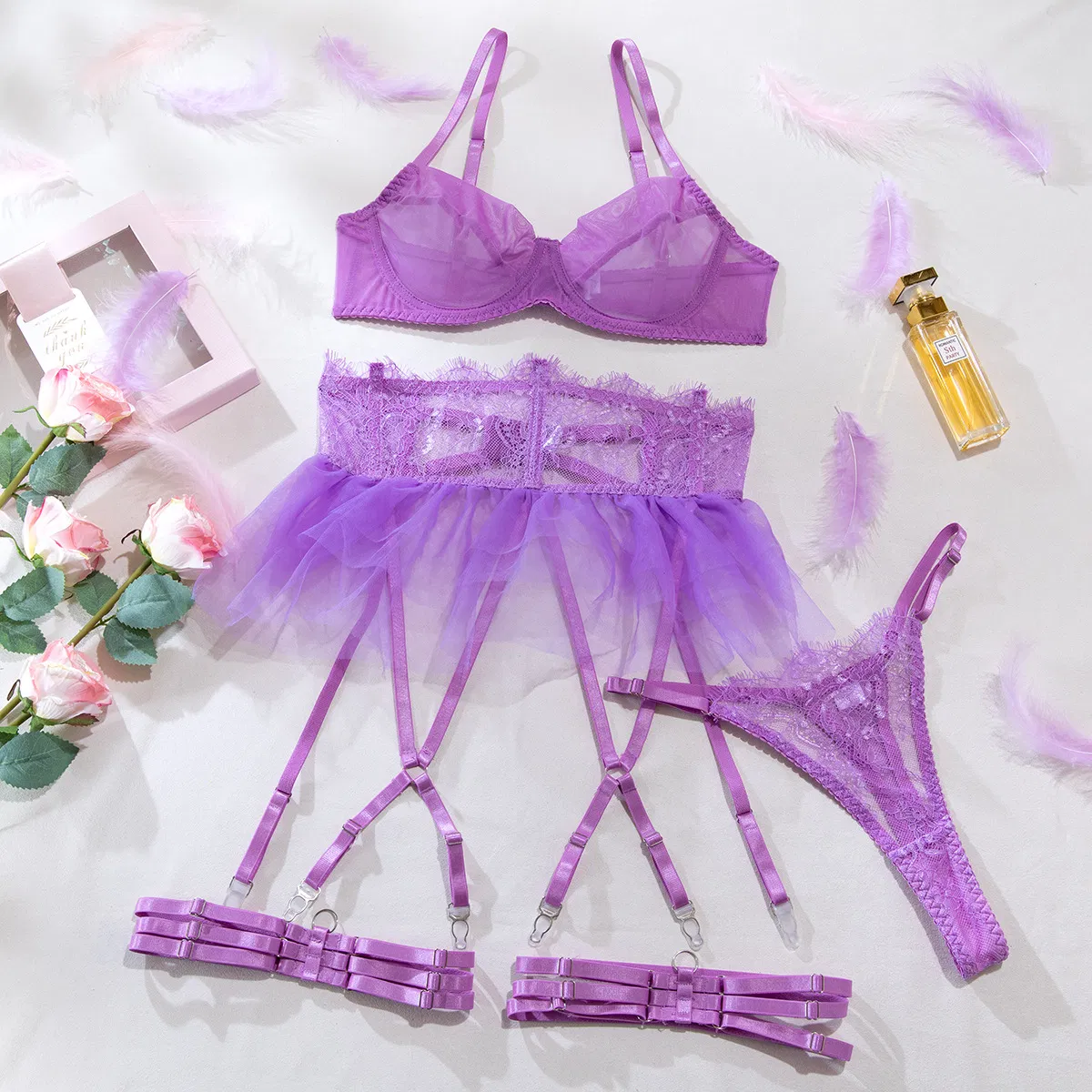 Wholesale 2025 Luxury Garter Belt Underwear Set Sexy See-Through Mesh Skirt Woman's Lingerie