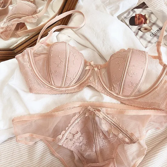 French Smooth Anti-Sagging Lace Trim Sexy Breathable Gathering for Women Soft Bra Ultra-Thin Set Sexy Underwear Lingerie