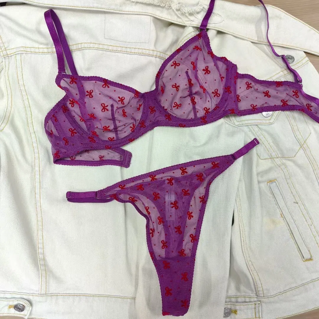 Classic Bow Pattern Printed Underwear Mesh Perspective Temptation Sexy Women Lingerie