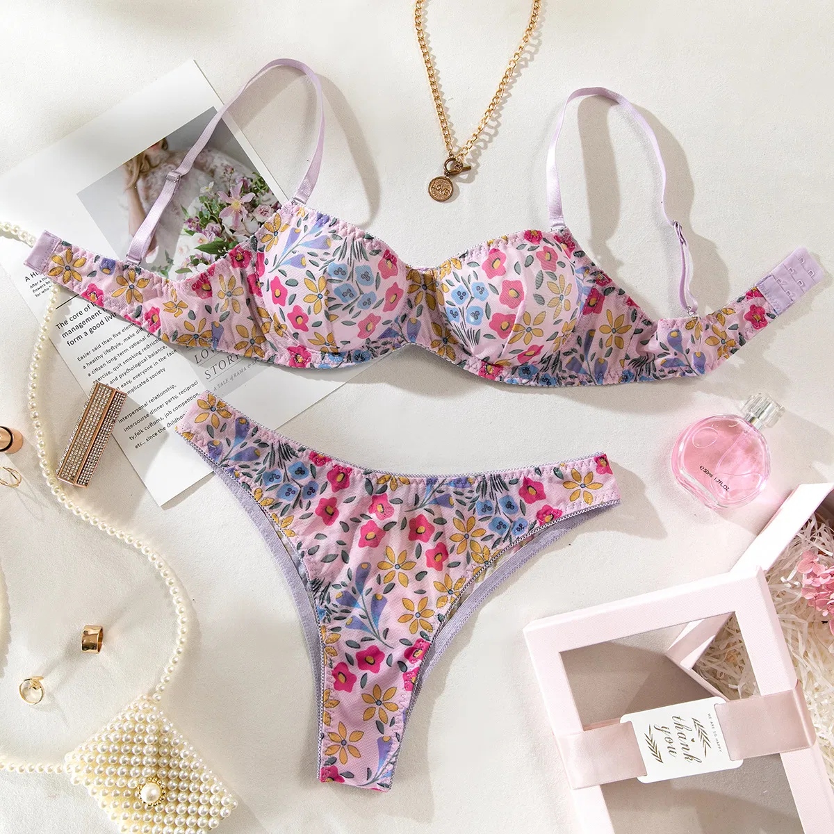 Wholesale Erotic Women's Underwear Set Sexy Floral Print Ultral-Thin 2PCS Lingerie