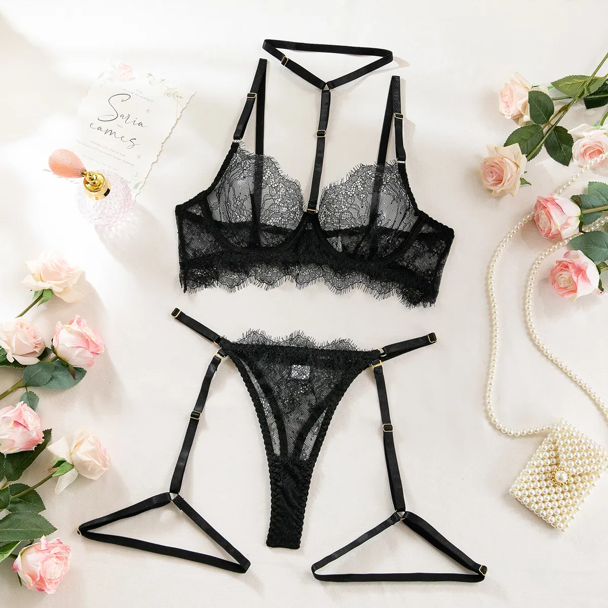 Sexy Hanging Neck Women's Underwear Set Wholesale Erotic Eyelashes Lace Lingerie