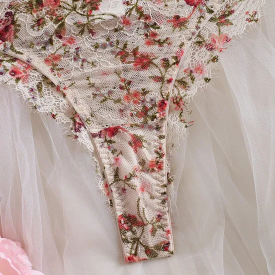 Wholesale Floral Embroidered Underwear Set Sexy See-Through Mesh 2PCS Lingerie