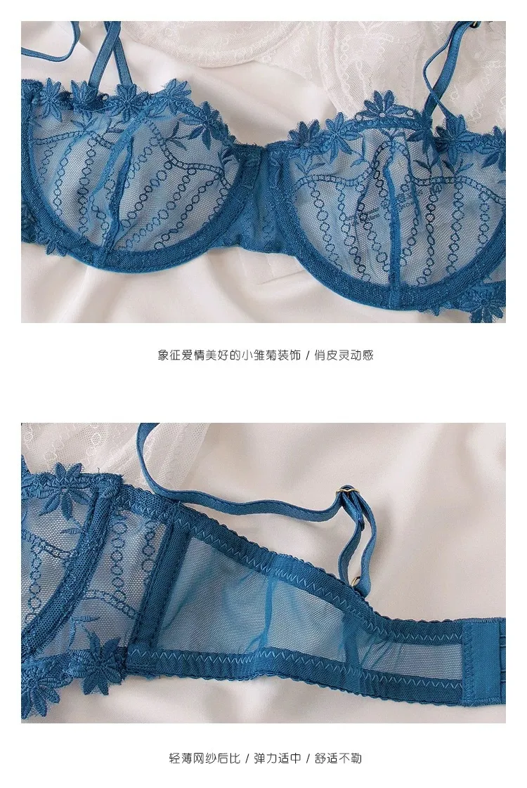 Women Breathable Lace Bra Set Sexy Embroidery Comfort Half Cup See Through Underwear