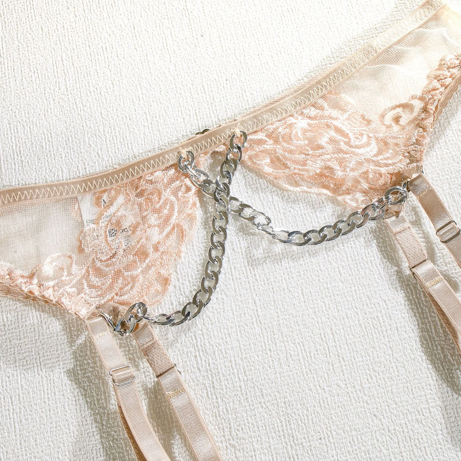 Sexy See-Through Woman Underwear Set with Metal Chain Wholesale Embroidery Floral Lingerie