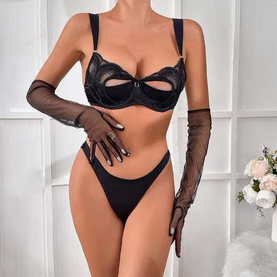 Fashionable Sexy Lingerie Hollow Satin Mesh Embroidered Bra Set Women's Erotic Lingerie
