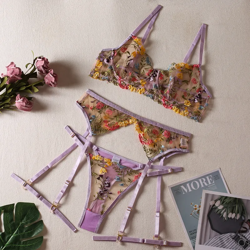 High Quality Transparent Underwear Set Sexy Floral Embroidered Lingerie